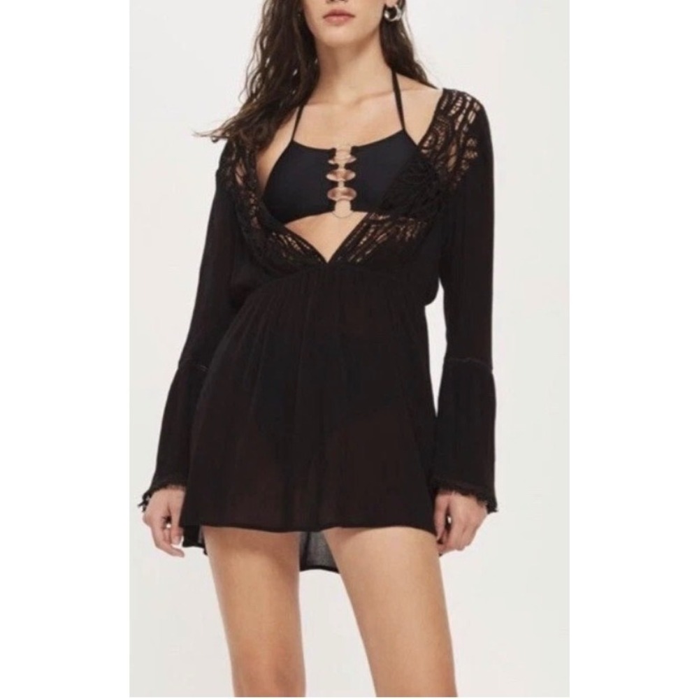 Topshop Black Crochet Lace Up Back Bell Sleeve Beach Cover Up Dress US 6